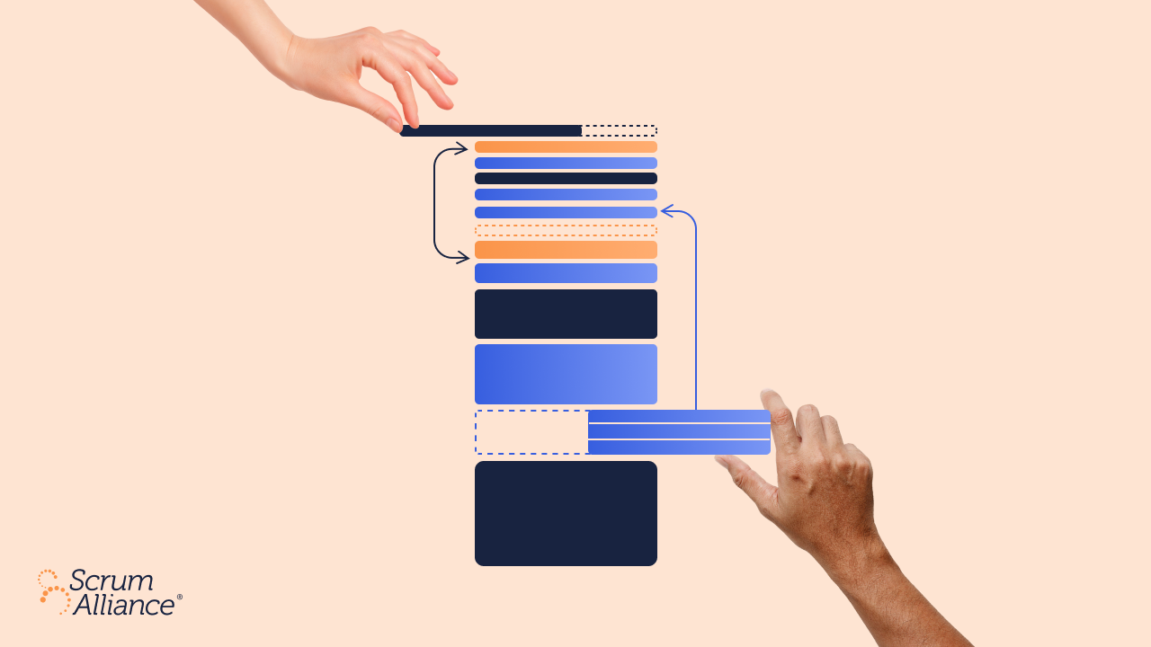 Graphic of two hands refining a product backlog, adjusting and organizing backlog items.